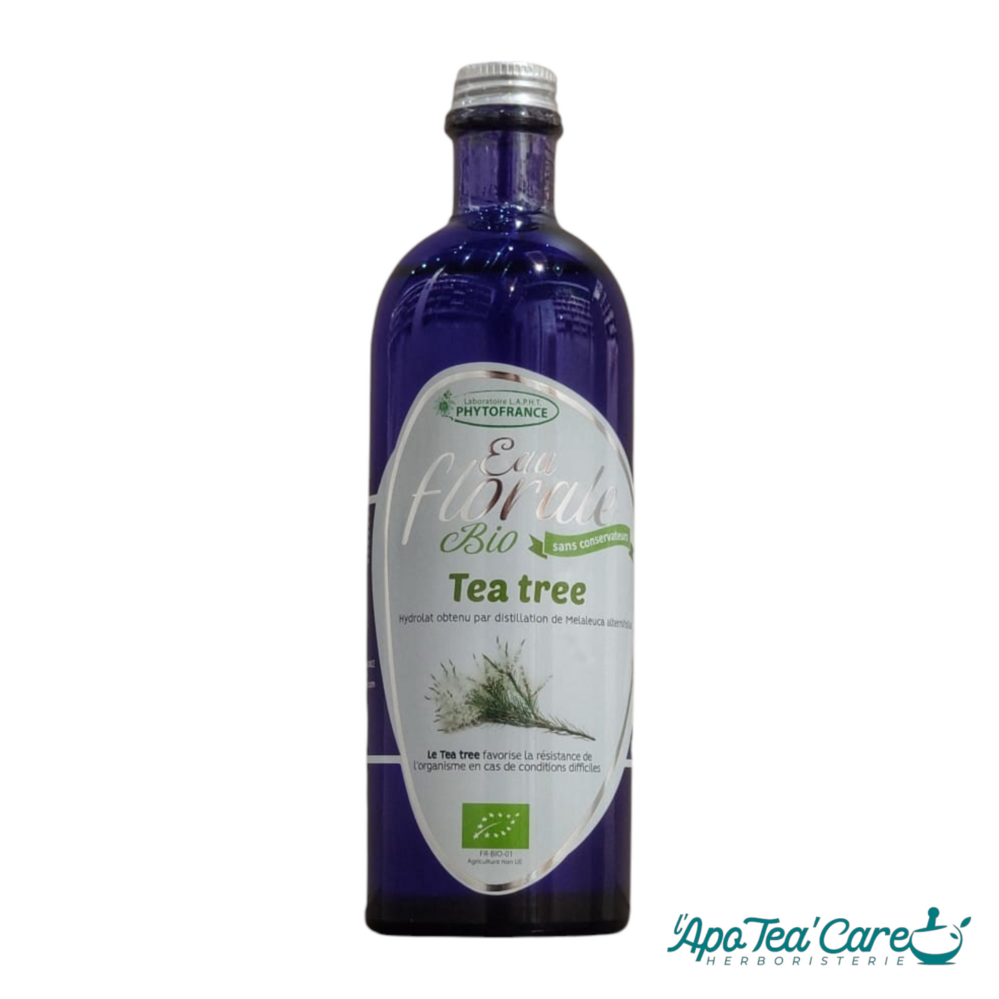 Flacon en verre bleu 200ml d'hydrolat de Tea Tree Bio Phytofrance – Eau florale purifiante sans conservateurs, L'ApoTea'Care