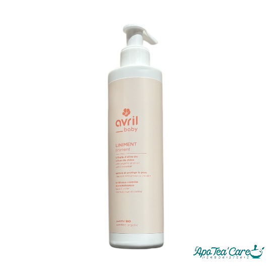Liniment bébé certifié bio Avril Cosmétiques. Nettoie et hydrate la peau sensible de bébé - idéale pendant le change - L'ApoTea'Care