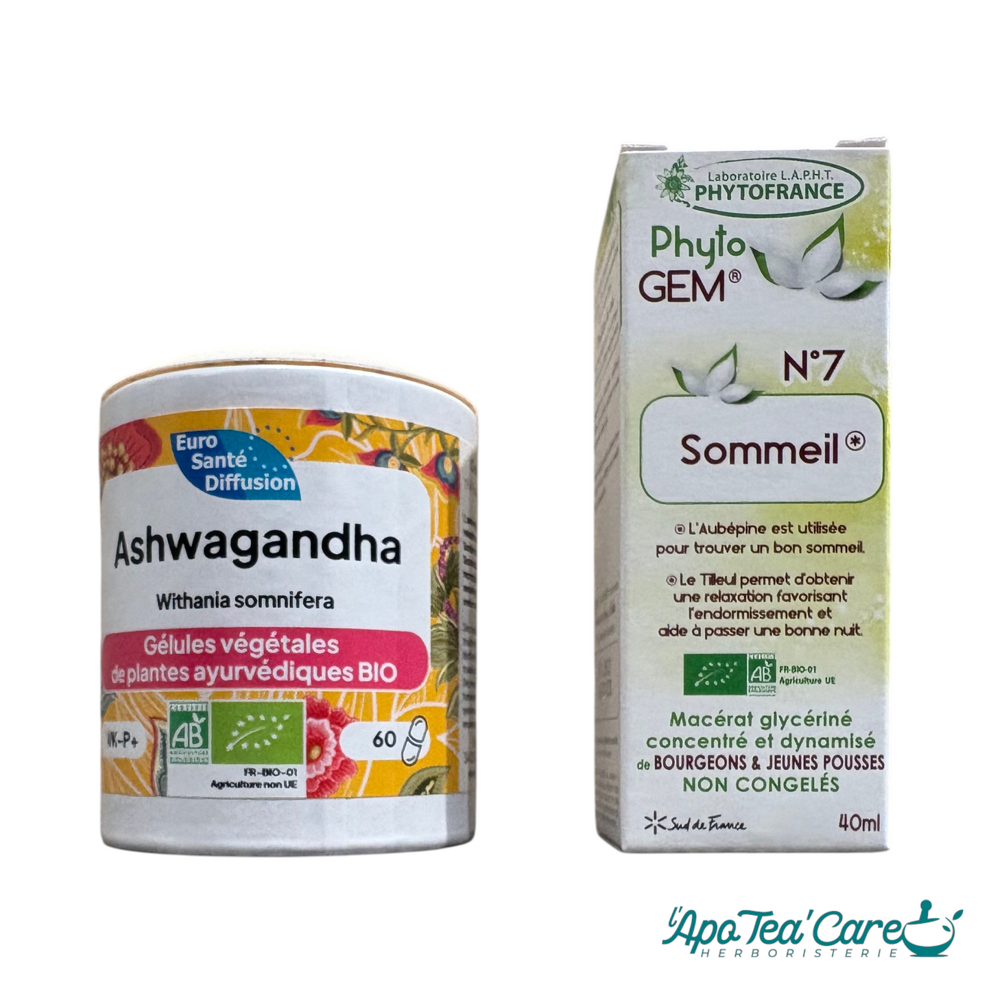 Routine Réveils Nocturnes – Ashwagandha BIO et Sommeil Phyto'gem BIO, sélectionnés par l'herboristerie L'ApoTea'Care pour accompagner naturellement la qualité du sommeil


