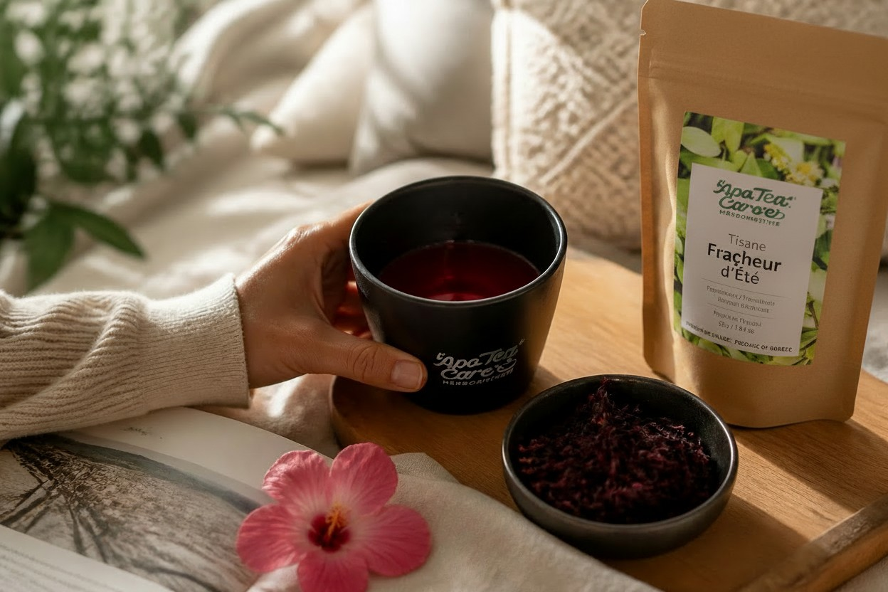 Tisane hibiscus karkadé infusée dans une tasse L'ApoTea'Care – Fleurs séchées et sachet Fraîcheur d'Été